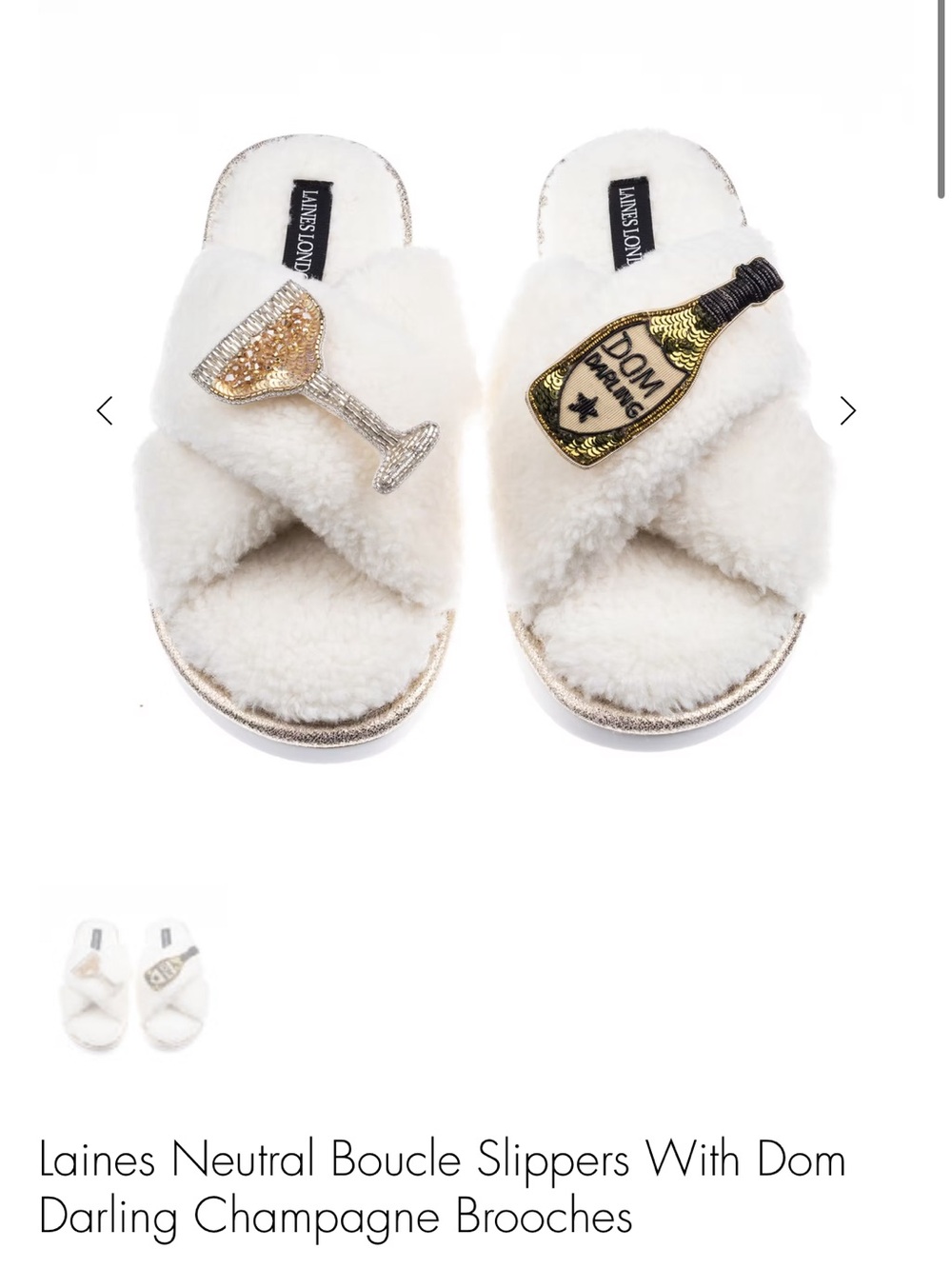 Laines London Neutral Boucle Slippers with Dom Darling Champagne Brooches